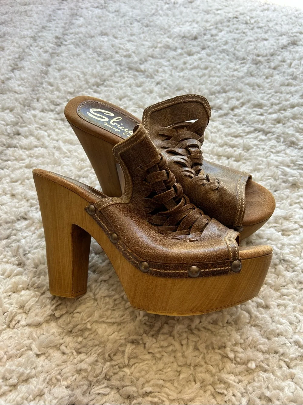 Sbicca Tan Brown Leather Woven Platform Clogs